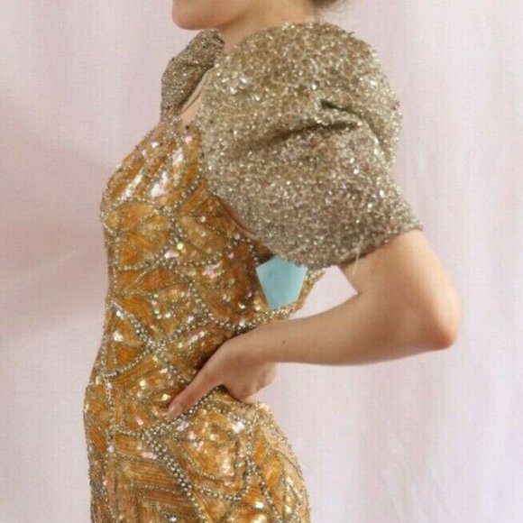 Vintage 80's Beaded Evening Gown Dress Gold/Silver Asymmetrical Sequin NWOT - Picture 3 of 12